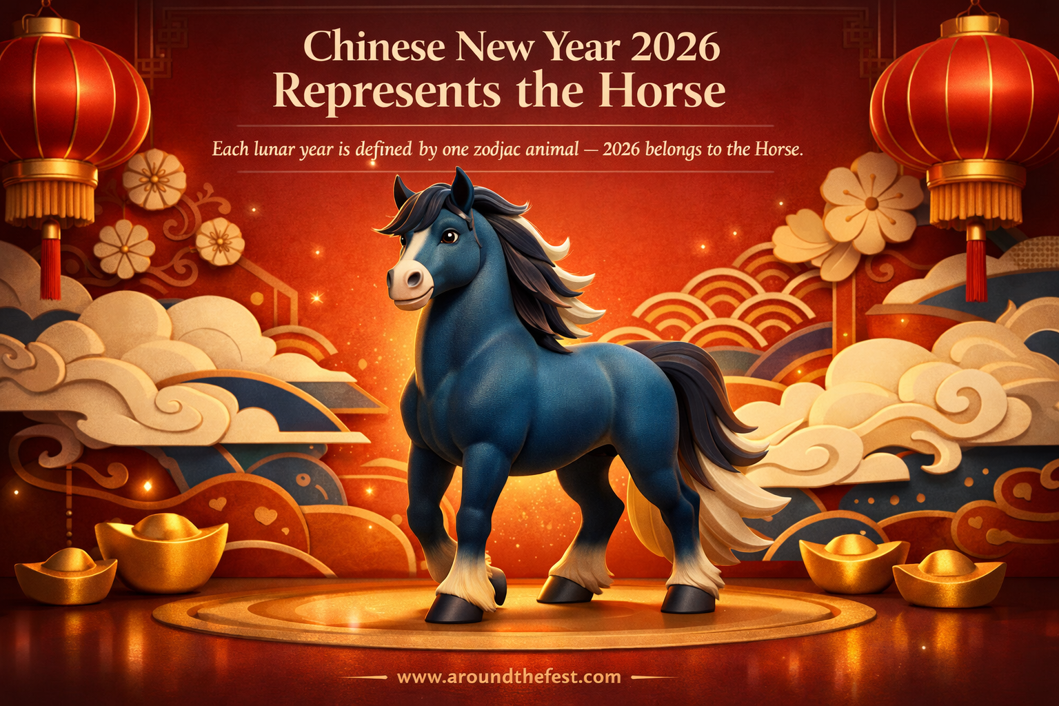 Chinese New Year 2026 zodiac animal Horse featured in a lunar new year themed banner with cultural elements