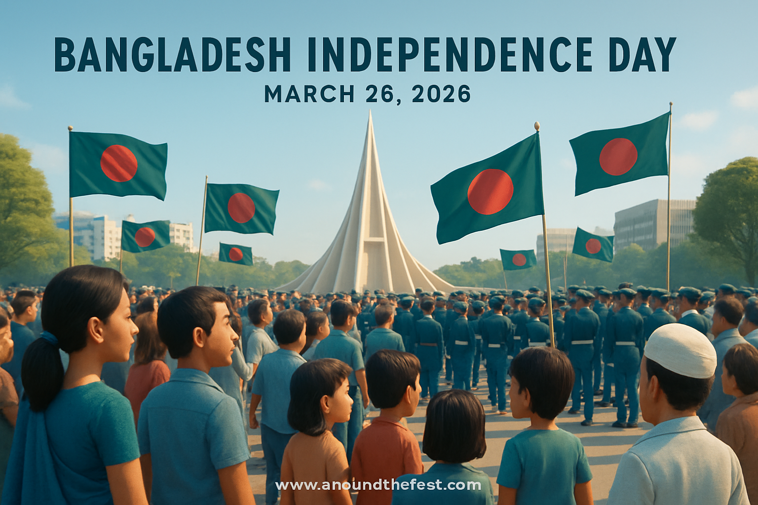 Bangladesh Independence Day 2026 celebration in Dhaka with waving national flags and military salute