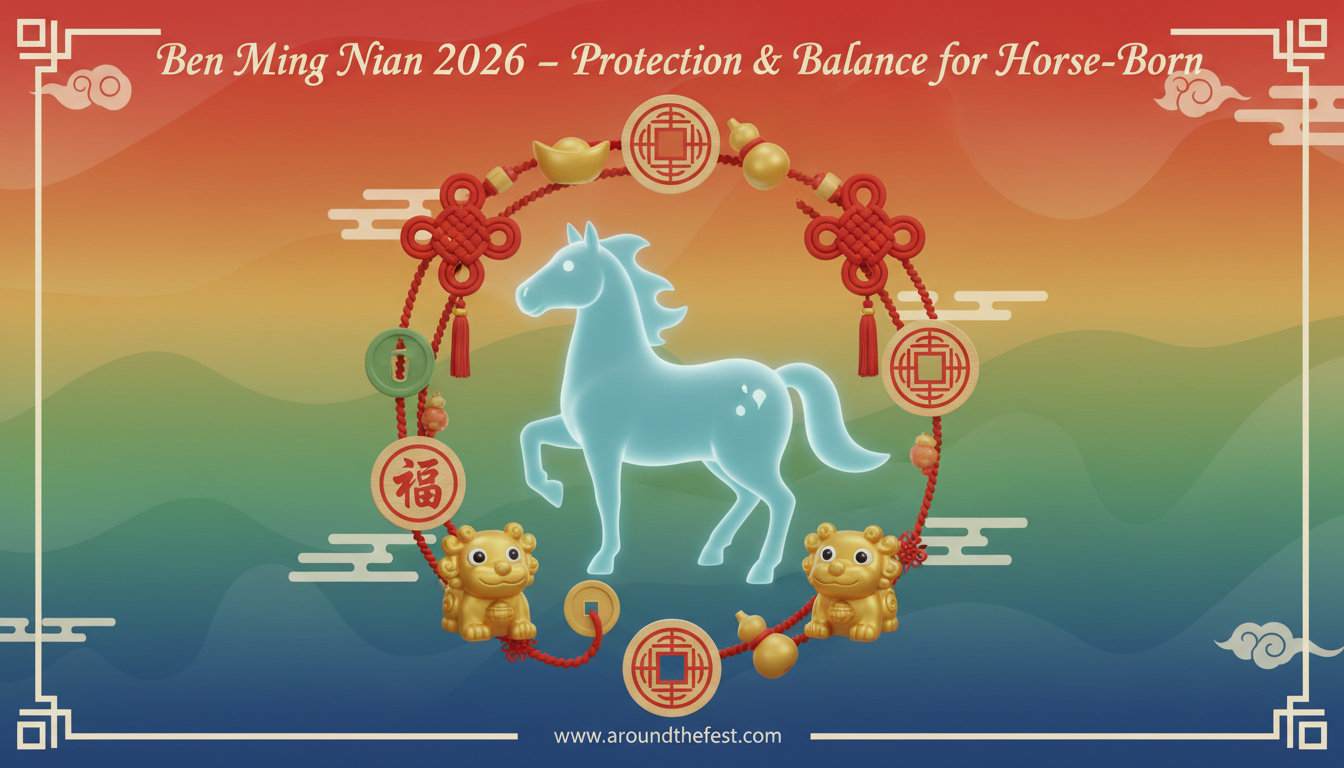 Ben Ming Nian 2026 Chinese zodiac illustration showing protection, Feng Shui remedies, and balance for Horse-born individuals