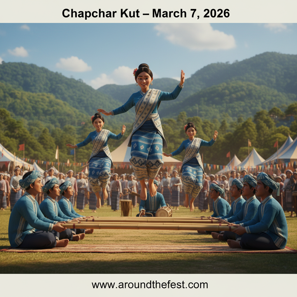 Chapchar Kut 2026 in Mizoram showing performers in colorful puan attire dancing between bamboo poles