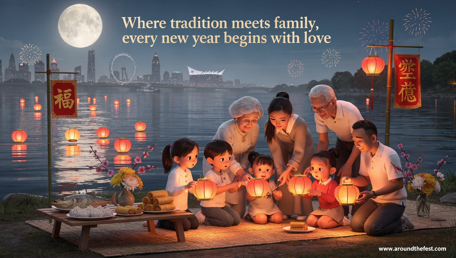 Multigenerational family celebrating Chinese New Year 2026 by a riverside, releasing floating lanterns, traditional foods like dumplings and sticky rice cakes, children helping elders, fireworks and city skyline in the background –