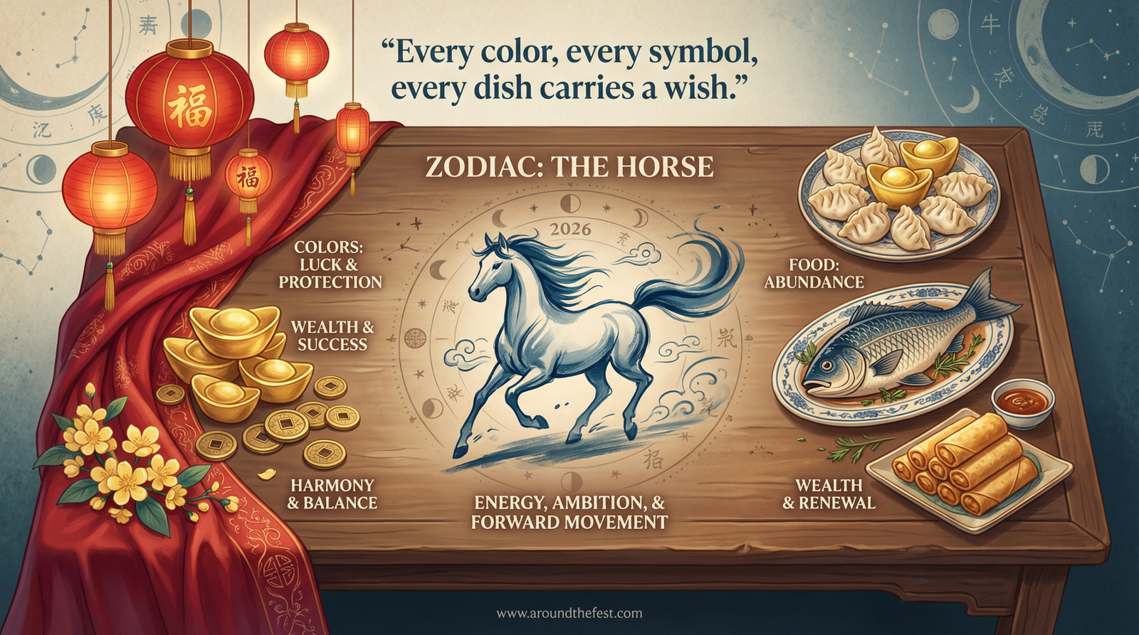 symbols showing lucky colors, zodiac horse, and traditional foods.