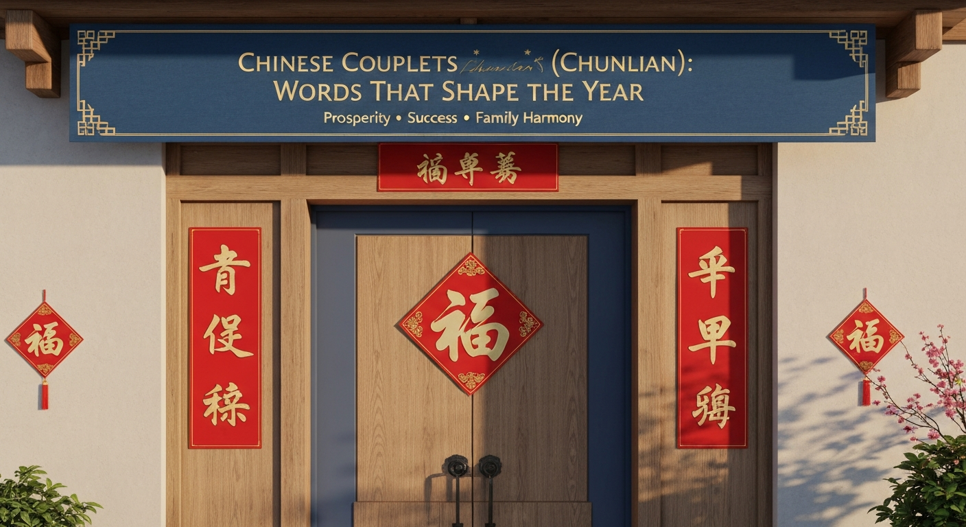 Chinese New Year 2026 Chunlian couplets displayed on a home entrance symbolizing prosperity and success
