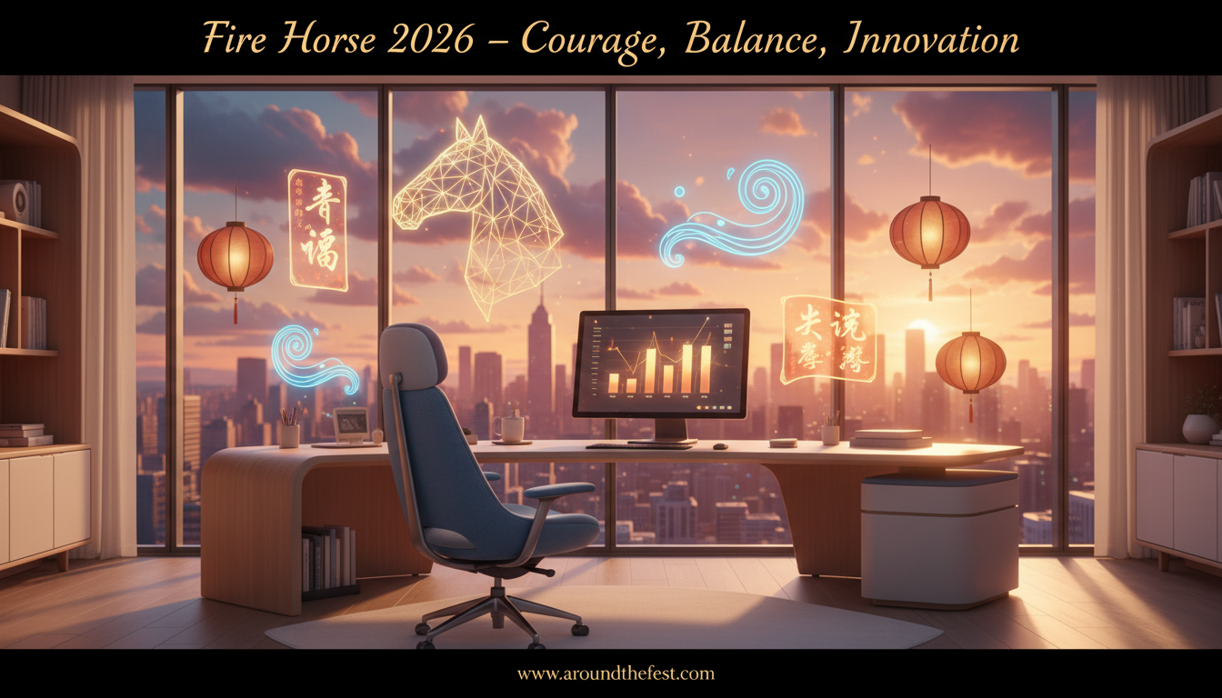 illustration showing modern life, courage, balance, and innovation with Chinese zodiac symbols