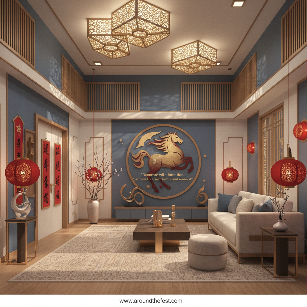 Chinese New Year 2026 decorations featuring red lanterns, Fire Horse symbolism, and modern Lunar New Year home décor