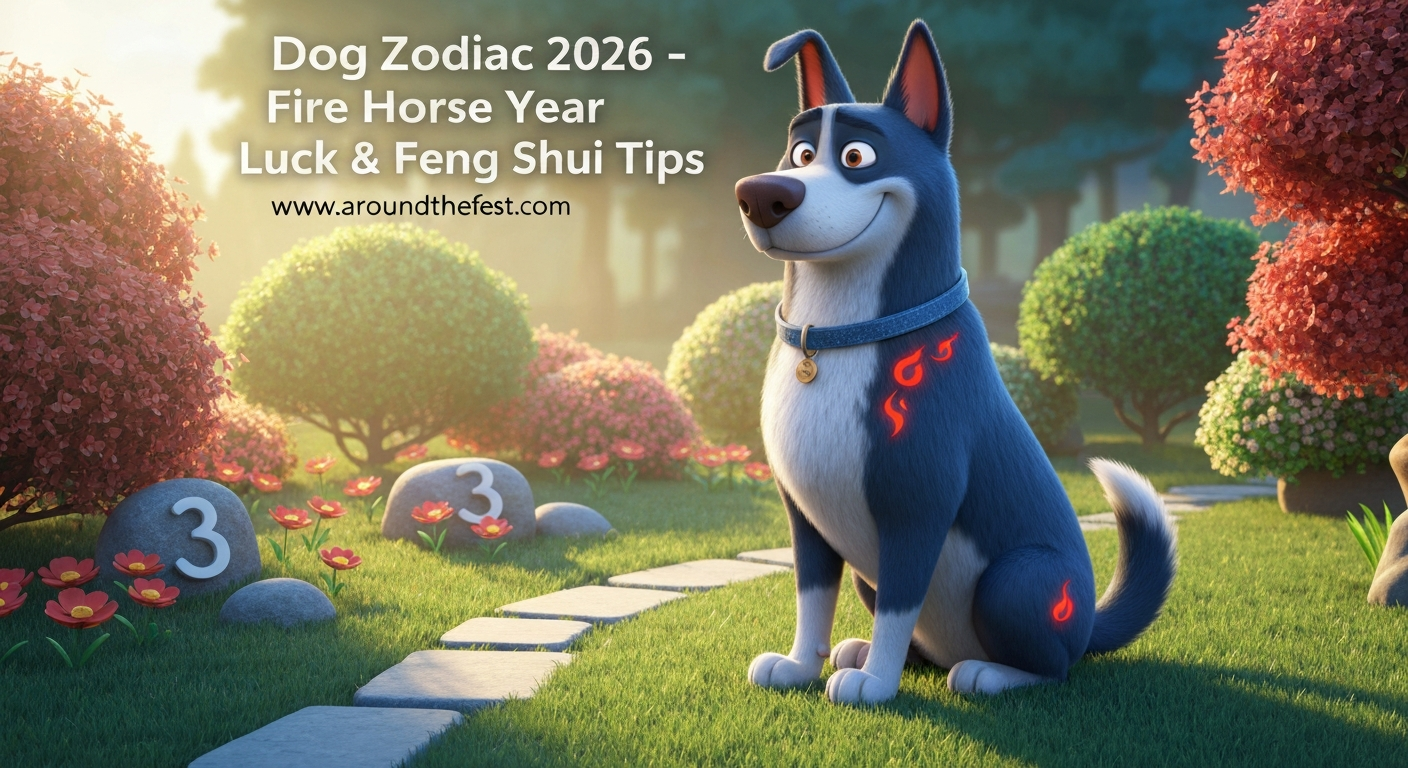 Dog Zodiac 2026 illustration with Fire Horse energy, lucky colors red and green, numbers 3 and 9, East direction, and family harmony Feng Shui tips