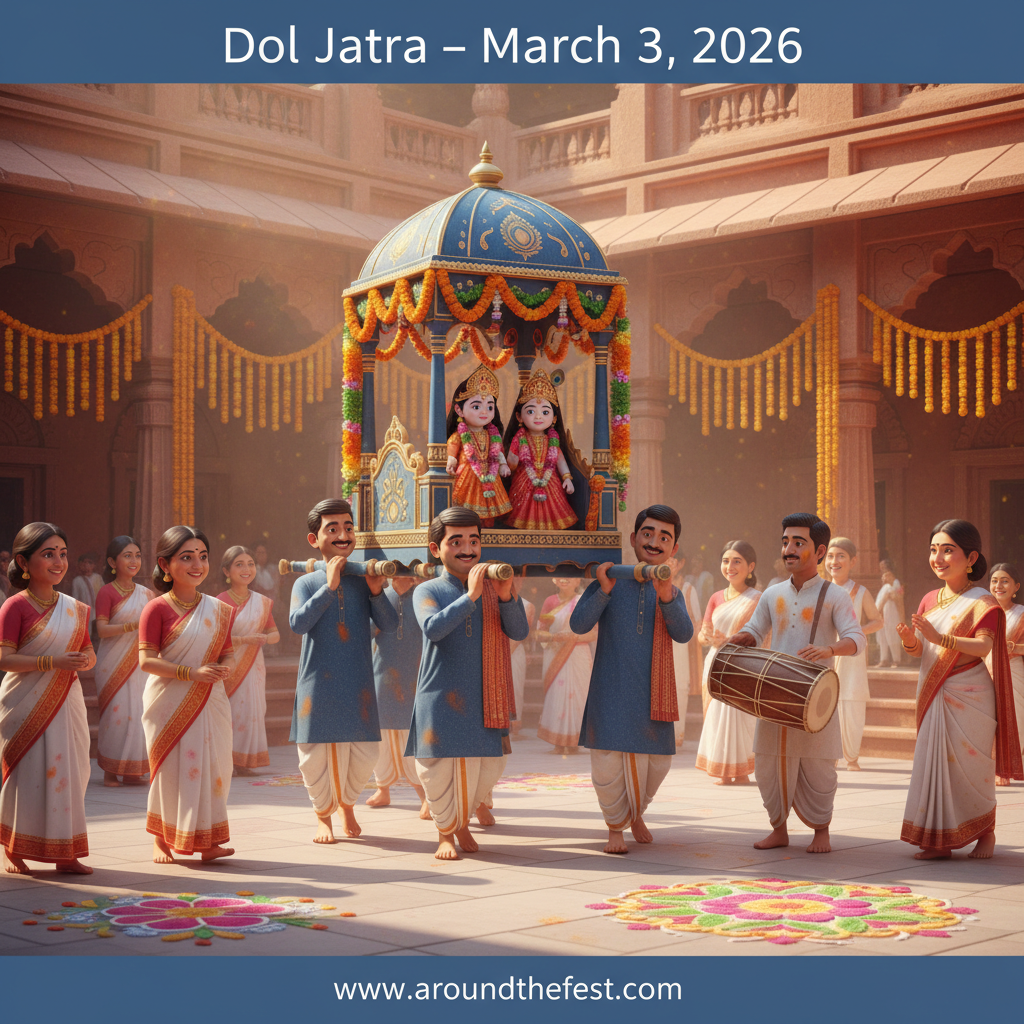 Dol Jatra 2026 celebration in Odisha featuring Radha Krishna idols carried in procession with devotional music and spring colors