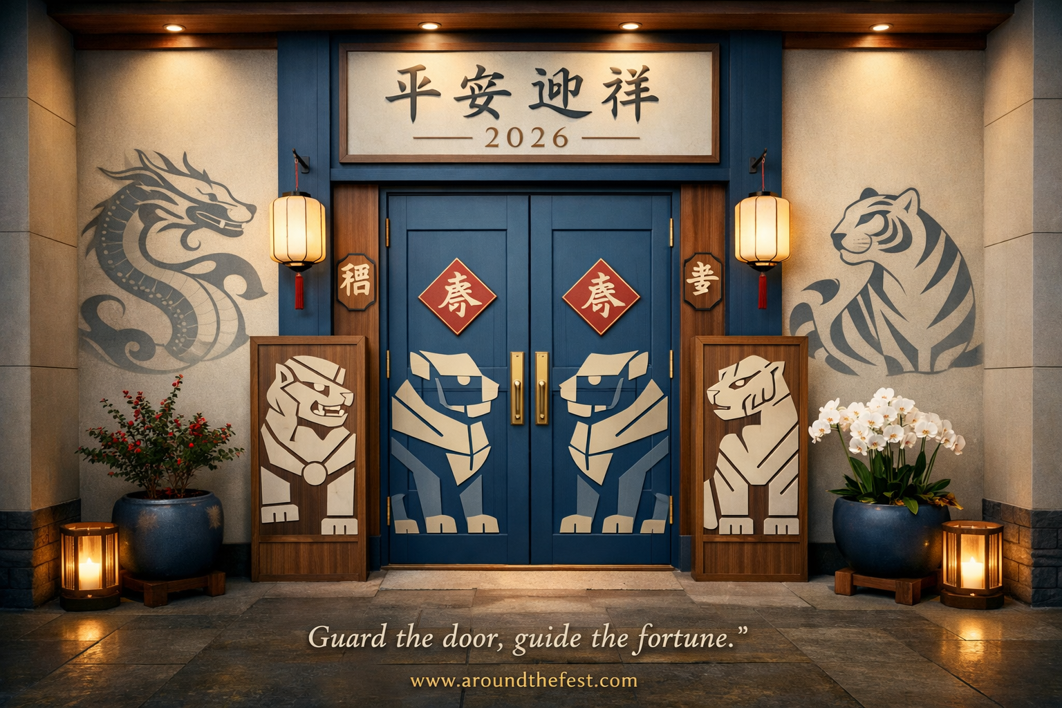 Door guardians and protective symbols for Chinese New Year 2026 entrance decoration
