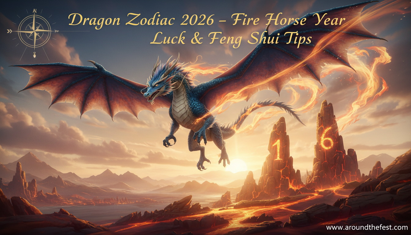 illustration showing Fire Horse influence, lucky colors gold and red, numbers 1 and 6, Southeast direction, and Feng Shui tips for workspace