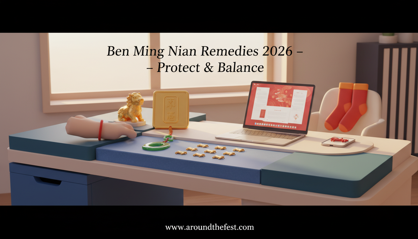 Ben Ming Nian 2026 remedies illustration showing Feng Shui symbols, red protective accessories, and balanced home setup for Horse-born individuals