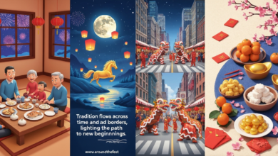 Digital illustration of Lunar New Year 2026 celebrations: family reunion dinner, golden zodiac horse, lion dances in global cities, and symbolic festive foods, with red and gold decorations, lanterns, and cherry blossoms.