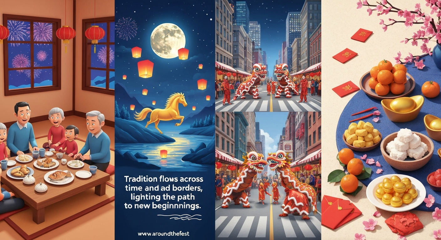 Digital illustration of Lunar New Year 2026 celebrations: family reunion dinner, golden zodiac horse, lion dances in global cities, and symbolic festive foods, with red and gold decorations, lanterns, and cherry blossoms.