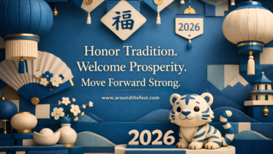 Chinese New Year 2026 decorations featuring Fire Horse artwork, red lanterns, Fu character, Chinese couplets, lucky fruits, and minimalist Lunar New Year home décor with inspirational quote