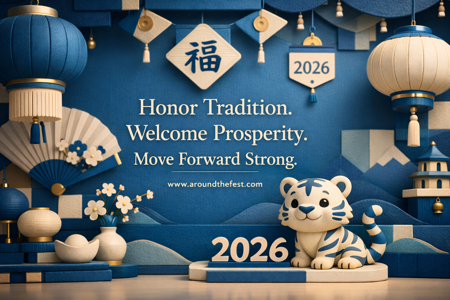 Chinese New Year 2026 decorations featuring Fire Horse artwork, red lanterns, Fu character, Chinese couplets, lucky fruits, and minimalist Lunar New Year home décor with inspirational quote