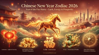 Chinese New Year Zodiac 2026 hero banner featuring the Year of the Fire Horse, glowing red and gold energy, lucky symbols like lanterns, gold coins, Fu character, Pi Yao, and Feng Shui elements celebrating Lunar New Year 2026 worldwide