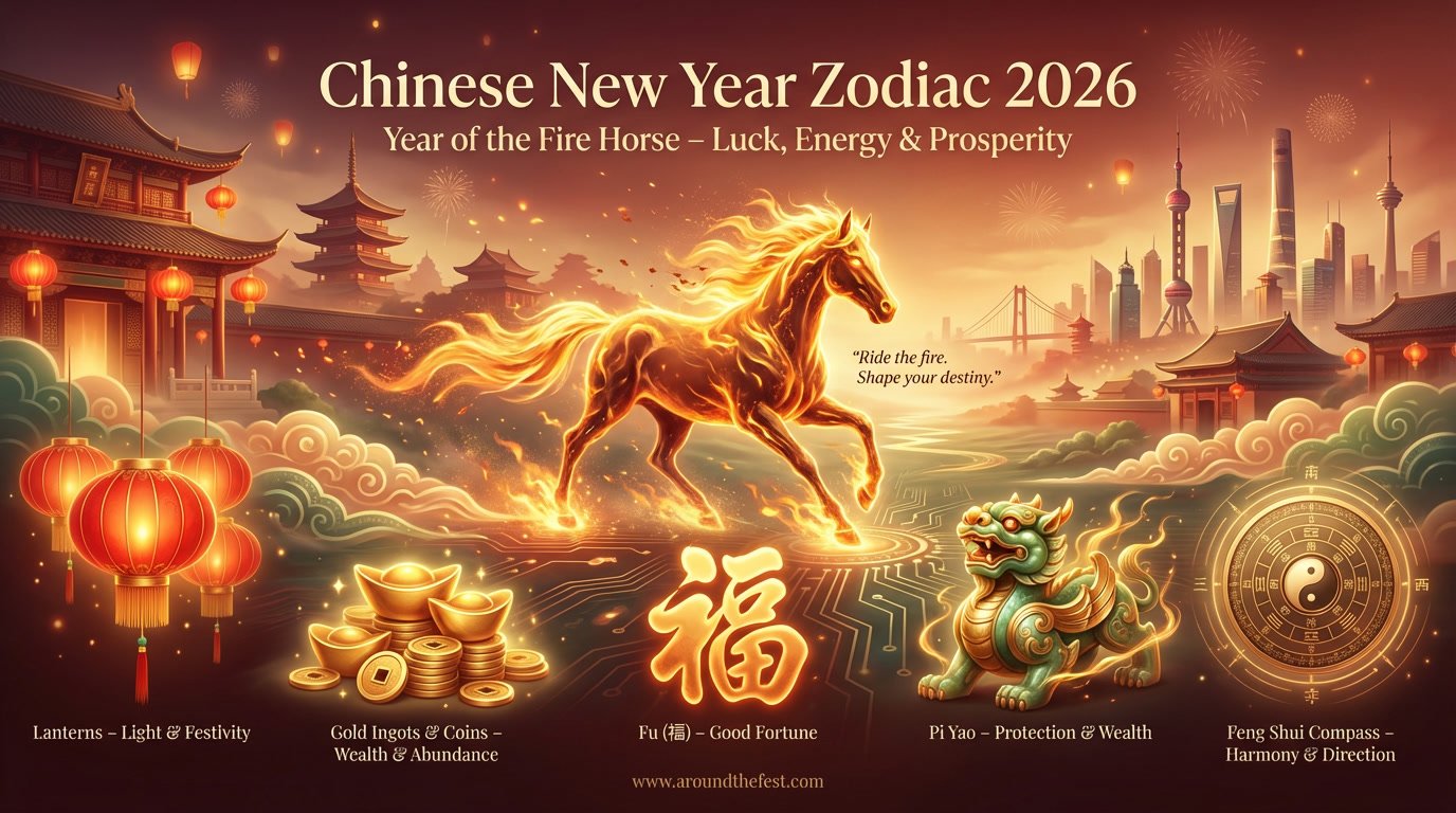 Chinese New Year Zodiac 2026 hero banner featuring the Year of the Fire Horse, glowing red and gold energy, lucky symbols like lanterns, gold coins, Fu character, Pi Yao, and Feng Shui elements celebrating Lunar New Year 2026 worldwide