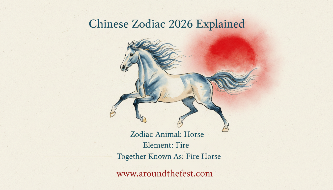Chinese New Year 2026 Year of the Horse festival scene with golden Horse statue red lanterns and fireworks at night