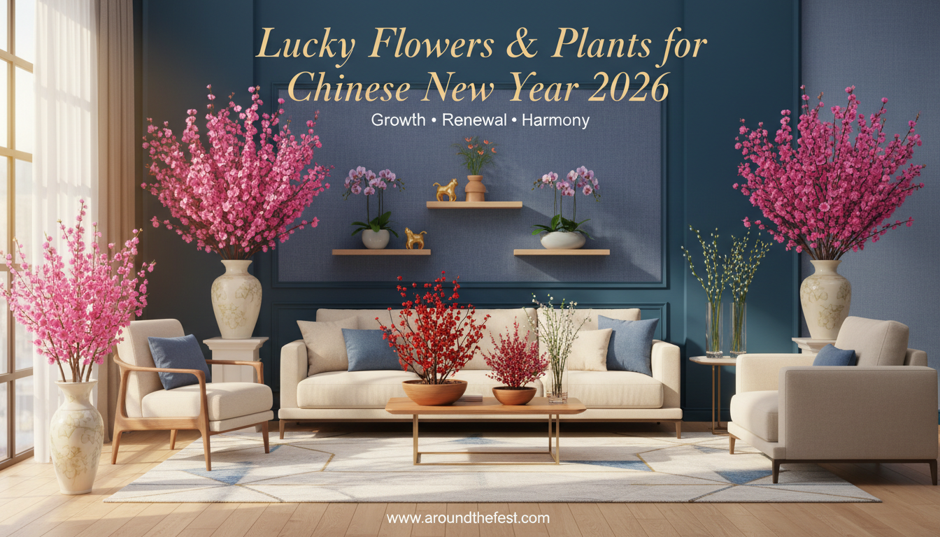 Lucky flowers and plants for Chinese New Year 2026 featuring peach blossoms, plum blossoms, orchids, and pussy willows