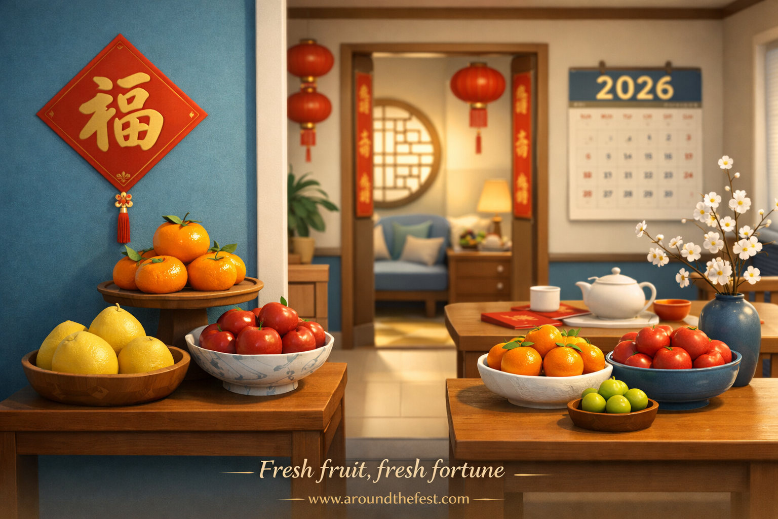 Fruit displays with oranges, apples, and pomelos used as Chinese New Year 2026 decorations