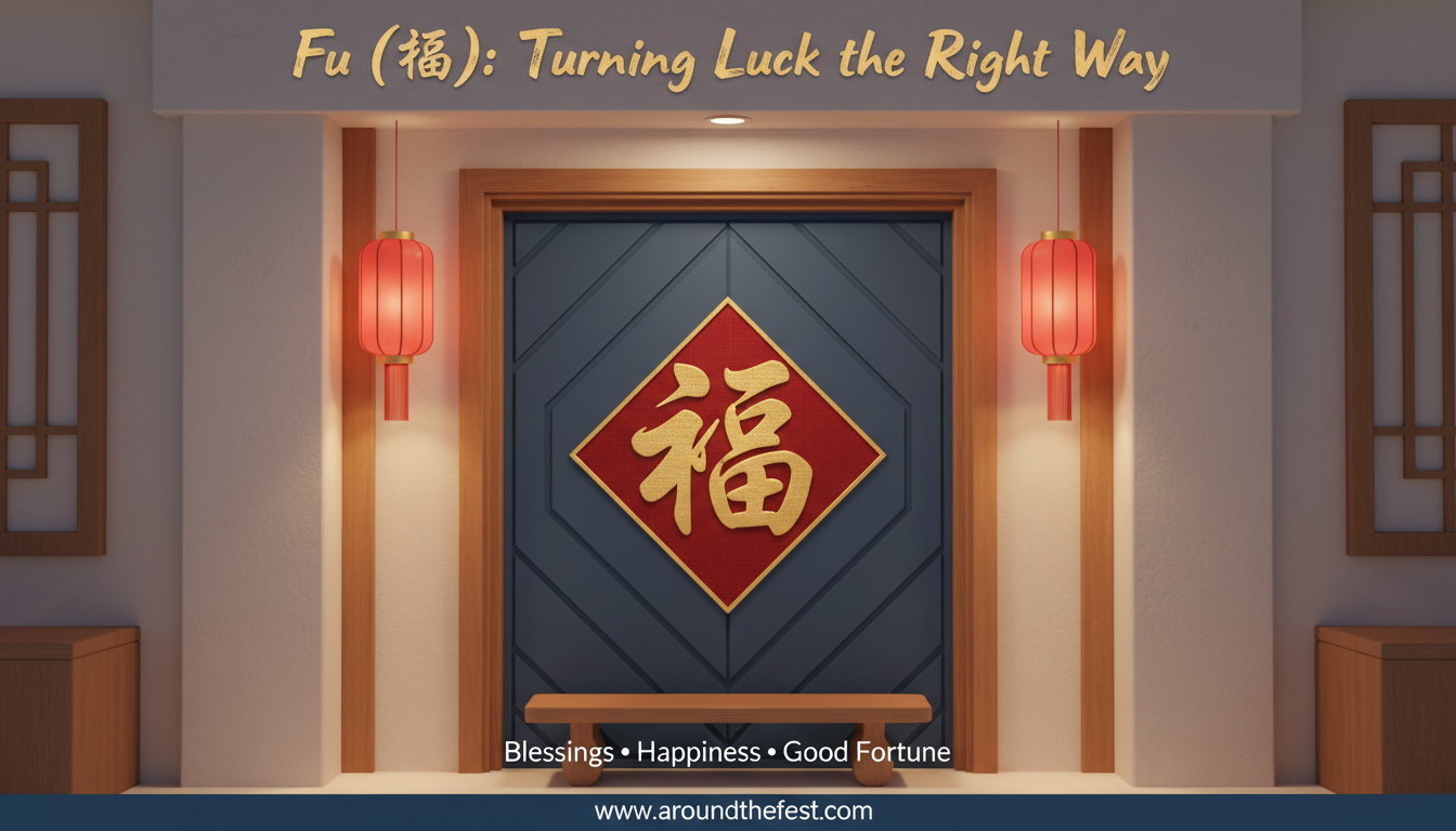 Chinese New Year 2026 Fu character decoration displayed upside down on a home door for good fortune