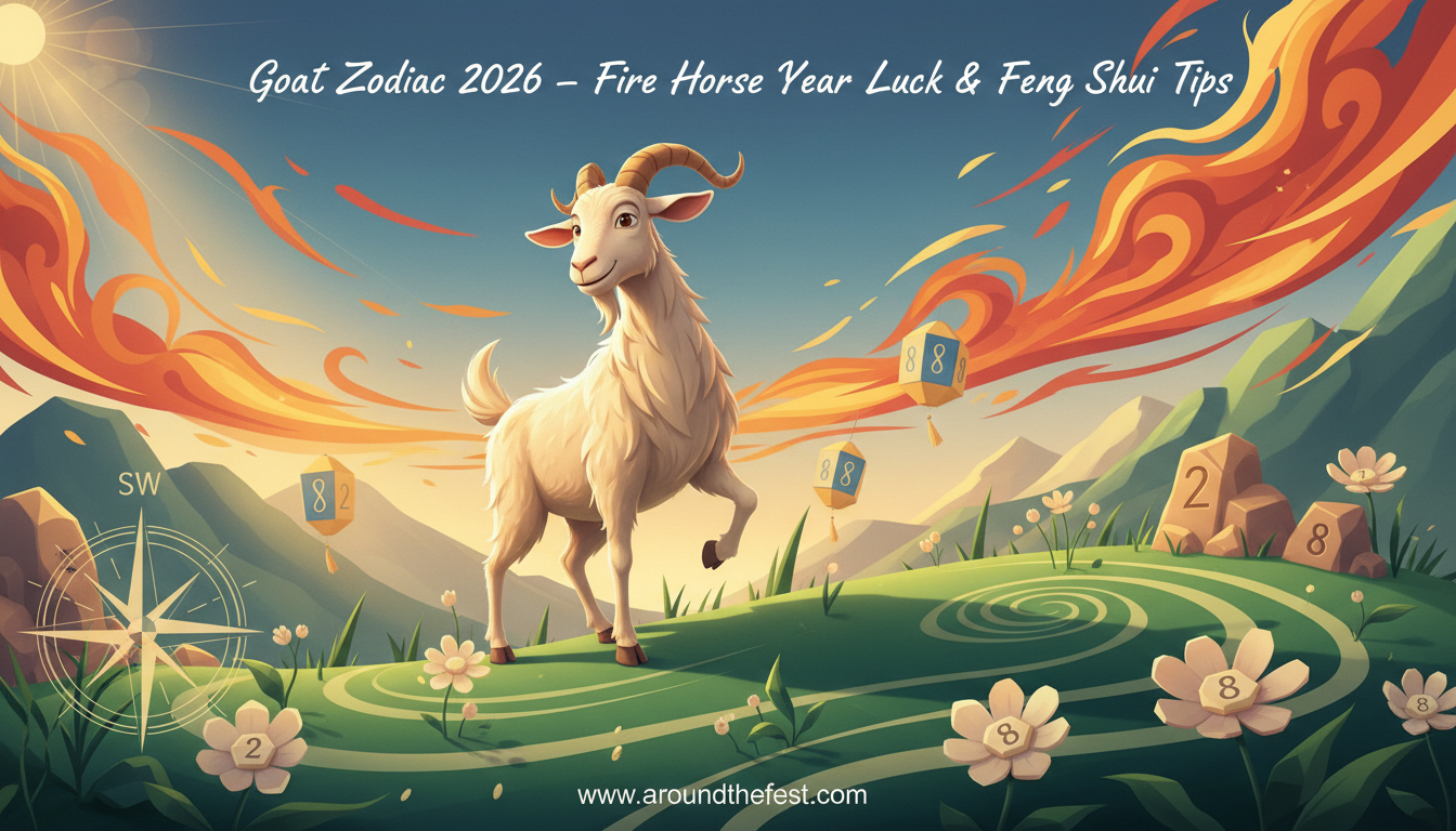 Goat (Sheep) Zodiac 2026 illustration with Fire Horse energy, lucky colors green and cream, numbers 2 and 8, Southwest direction, and soft Feng Shui lighting