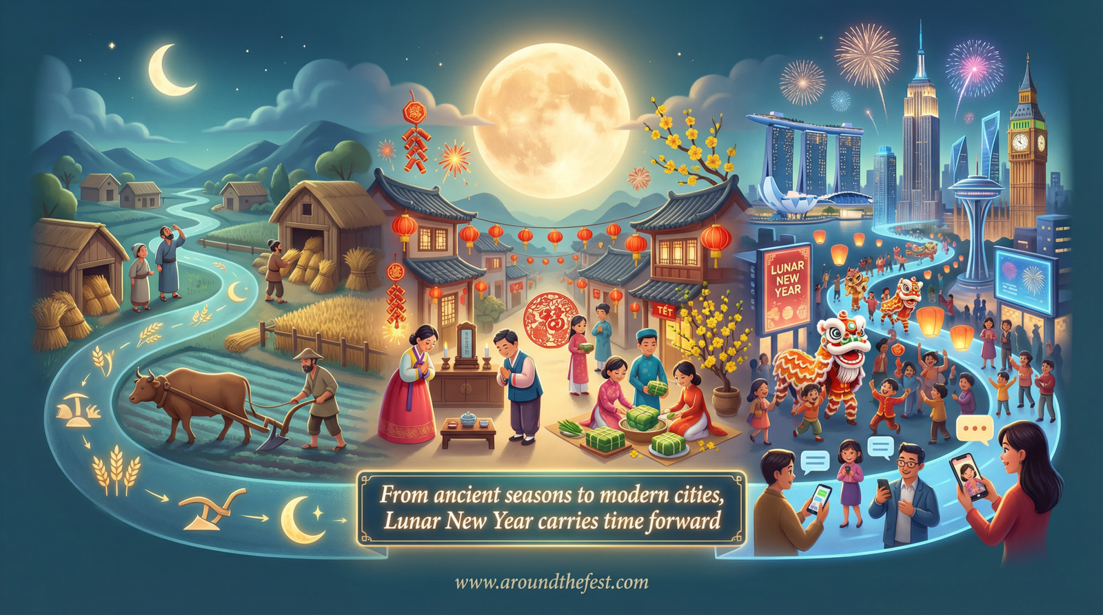 “History of Chinese New Year 2026 showing ancient farming origins, cultural traditions, and modern global Lunar New Year celebrations.”