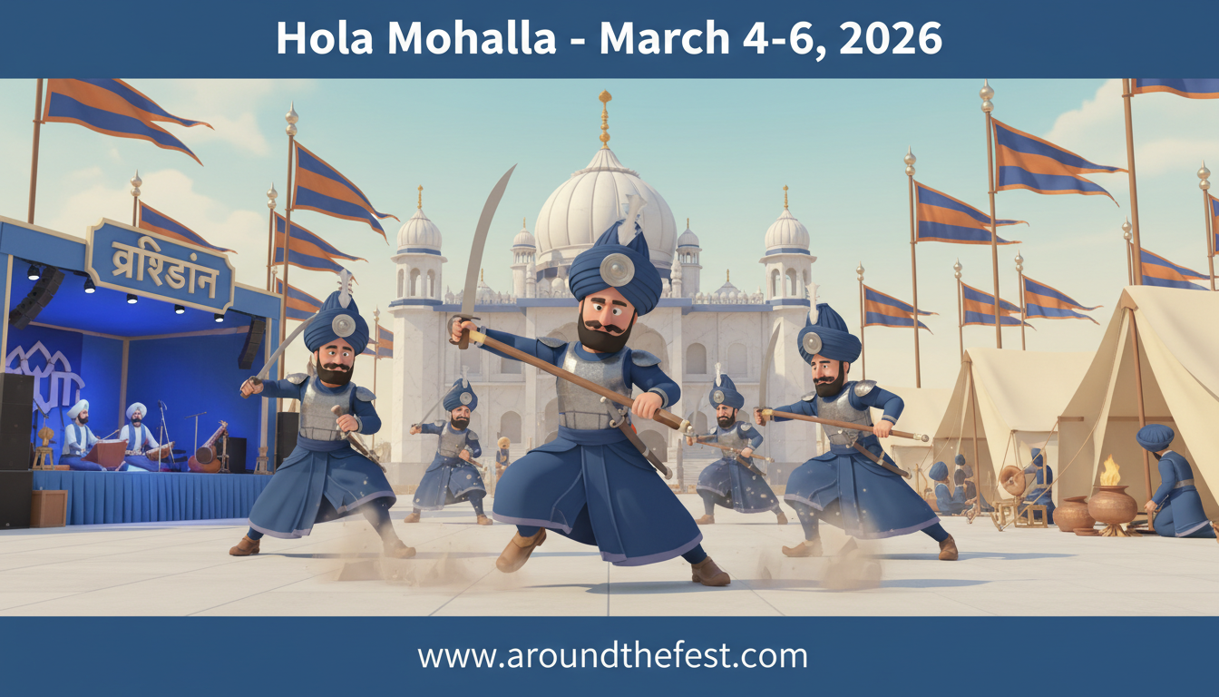 Hola Mohalla 2026 festival in Punjab showing Nihang Sikhs in blue attire demonstrating traditional martial arts and mock battles