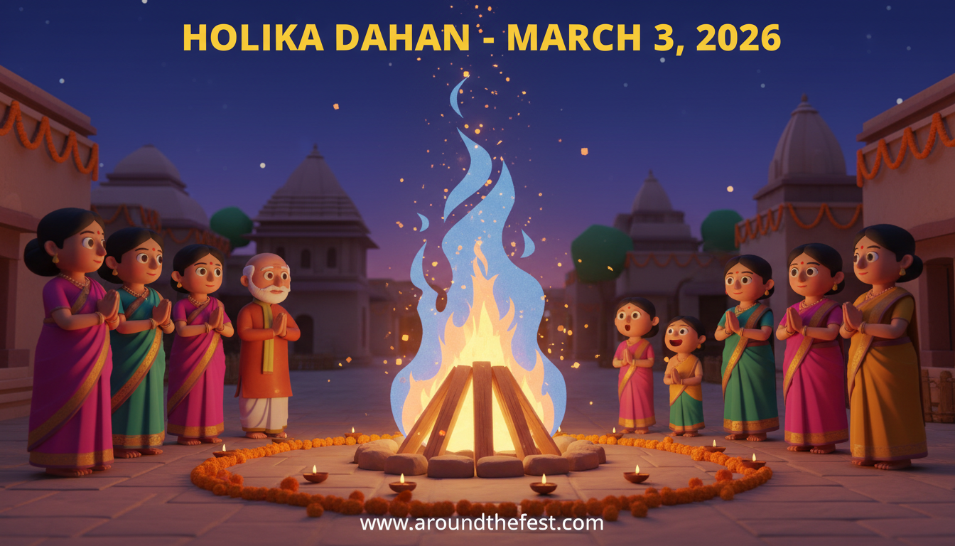 Holika Dahan 2026 night festival scene showing Indian families in traditional attire praying around a glowing bonfire with marigold garlands and diyas