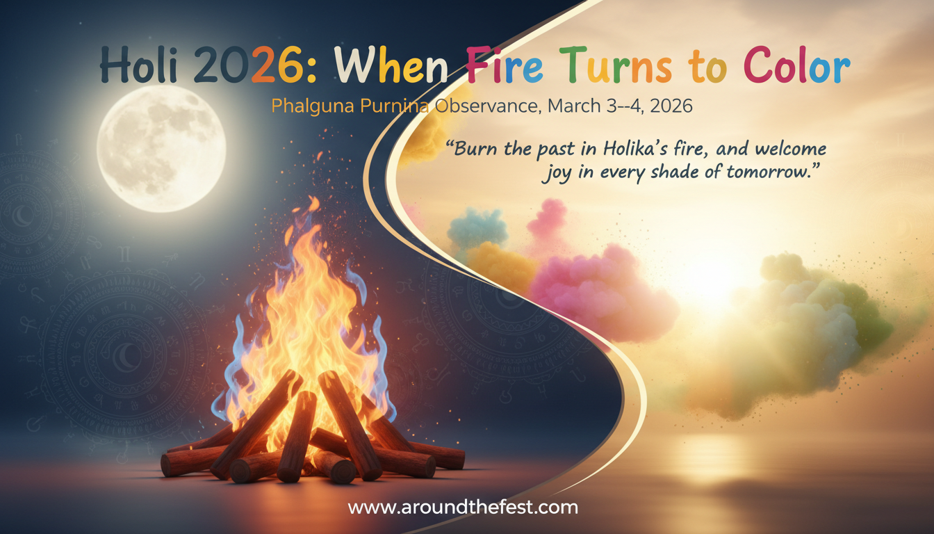 tithi banner image with sacred fire on March 3 and festival of colors on March 4, based on Phalguna Purnima full moon.