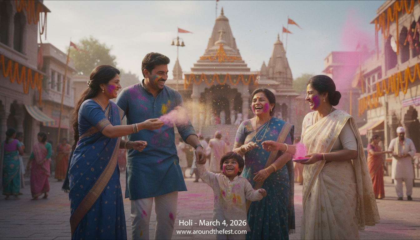 Holi – March 4, 2026 celebration in India with locals playing with colorful gulal powder in natural spring daylight –