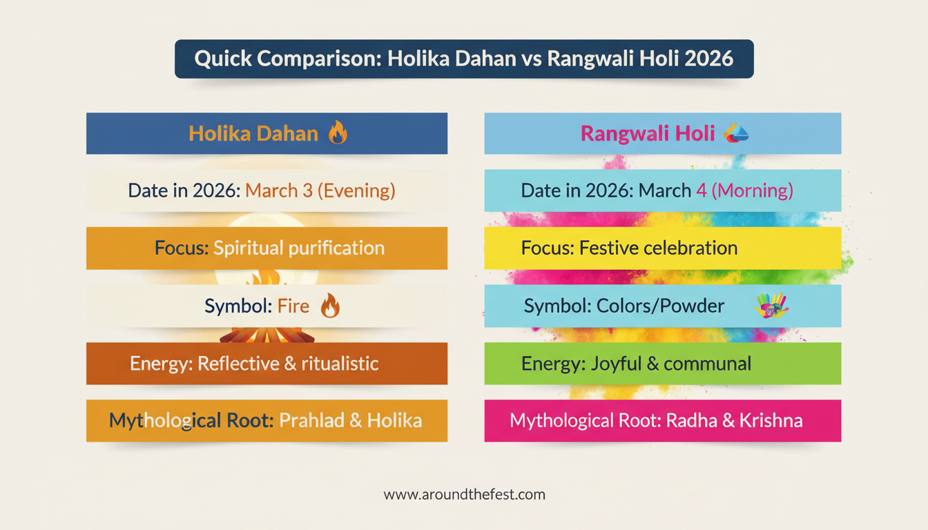Infographic comparing Holika Dahan and Rangwali Holi 2026 showing date, focus, symbol, energy, and mythological roots—March 3 evening bonfire vs March 4 color celebration.
