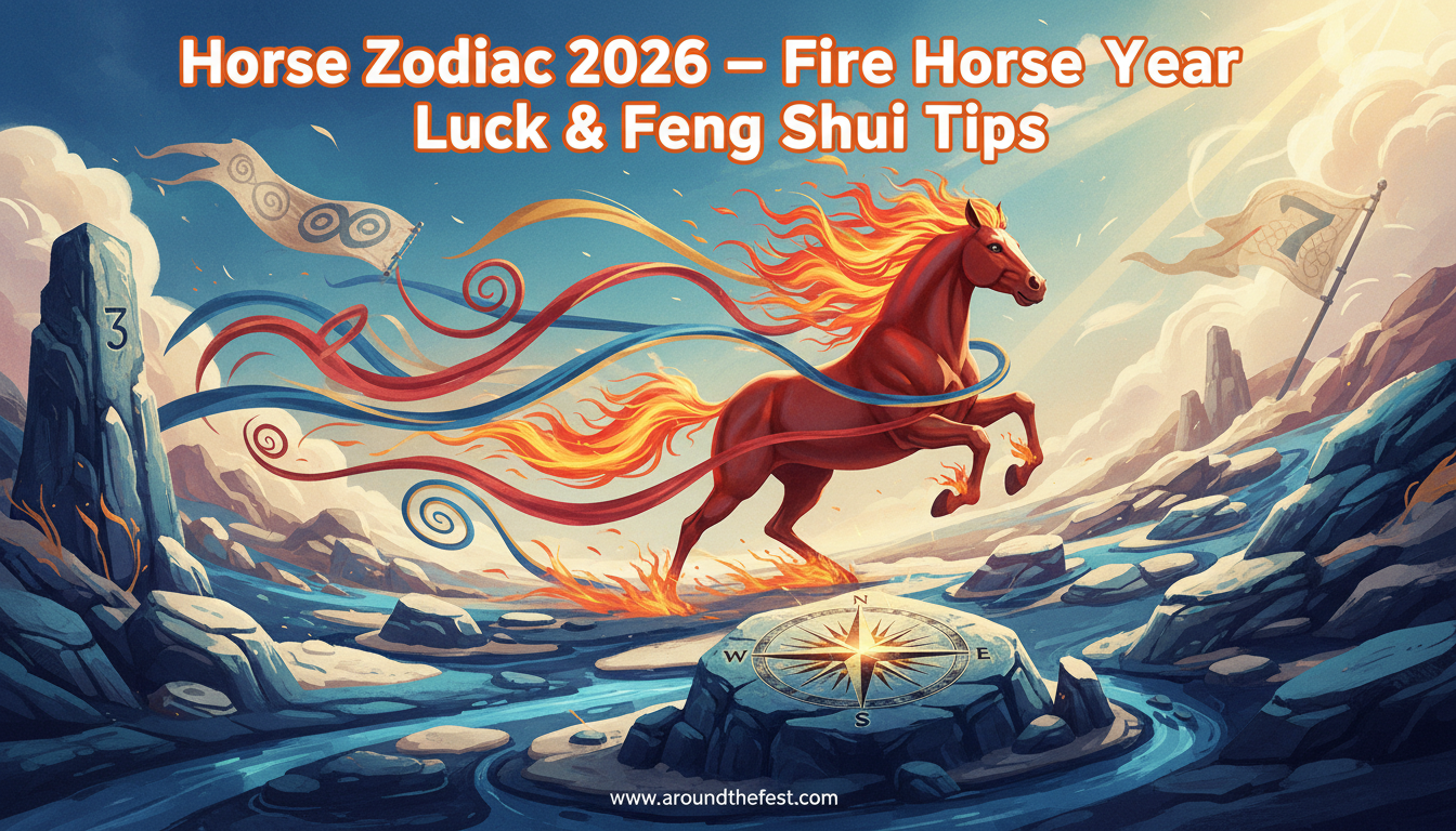 illustration showing Fire Horse energy, lucky colors red and yellow, numbers 3 and 7, South direction, and daily Feng Shui protection items