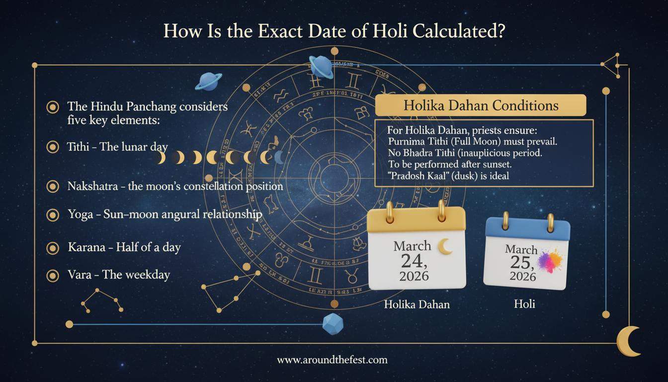 Celestial educational infographic explaining how the exact date of Holi 2026 is calculated using the Hindu Panchang, showing Tithi, Nakshatra, Yoga, Karana, Vara, and Holika Dahan ritual conditions.