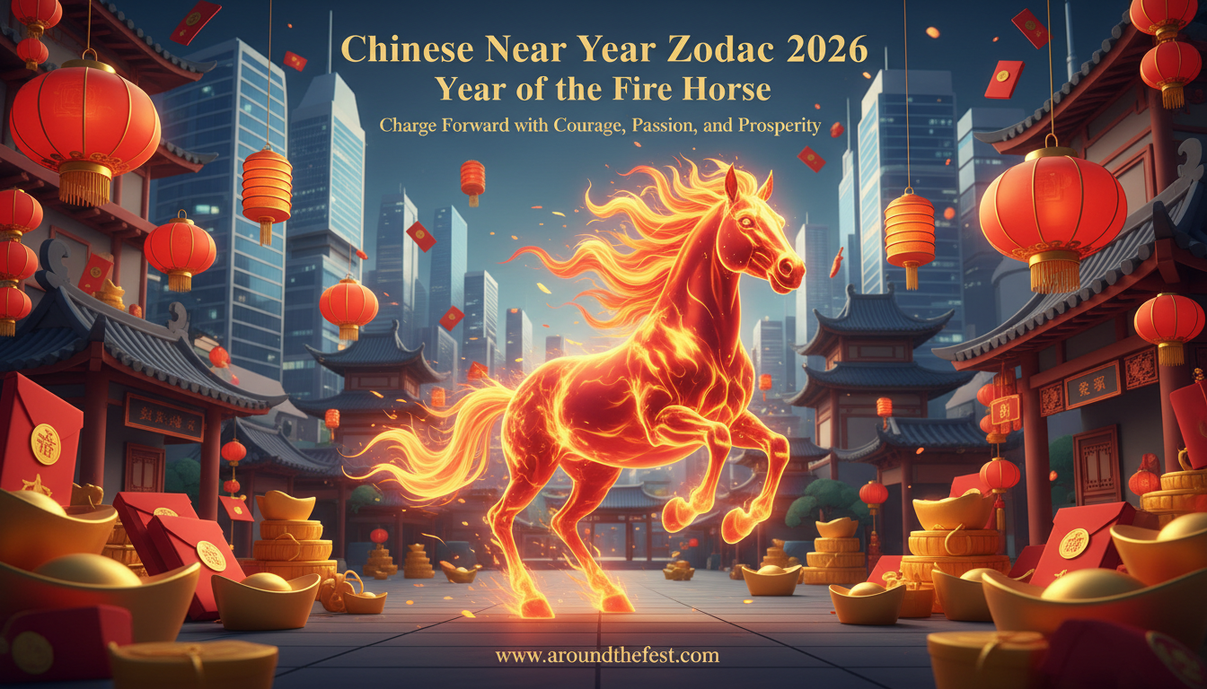 Chinese New Year Zodiac 2026 Year of the Fire Horse global celebration with fiery horse, lanterns, and lucky symbols