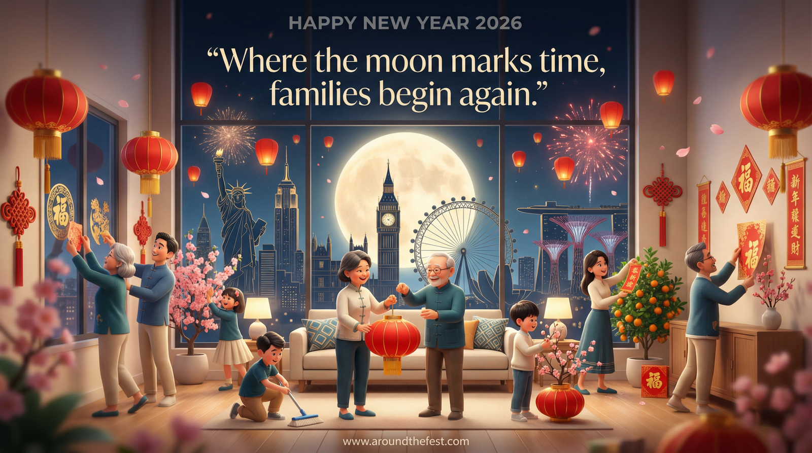Chinese New Year 2026 global celebration showing family reunion, lunar calendar symbolism, red lanterns, and worldwide Lunar New Year traditions