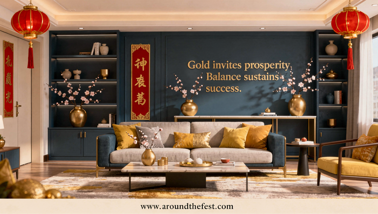 Gold and yellow Chinese New Year 2026 decorations symbolizing wealth and success