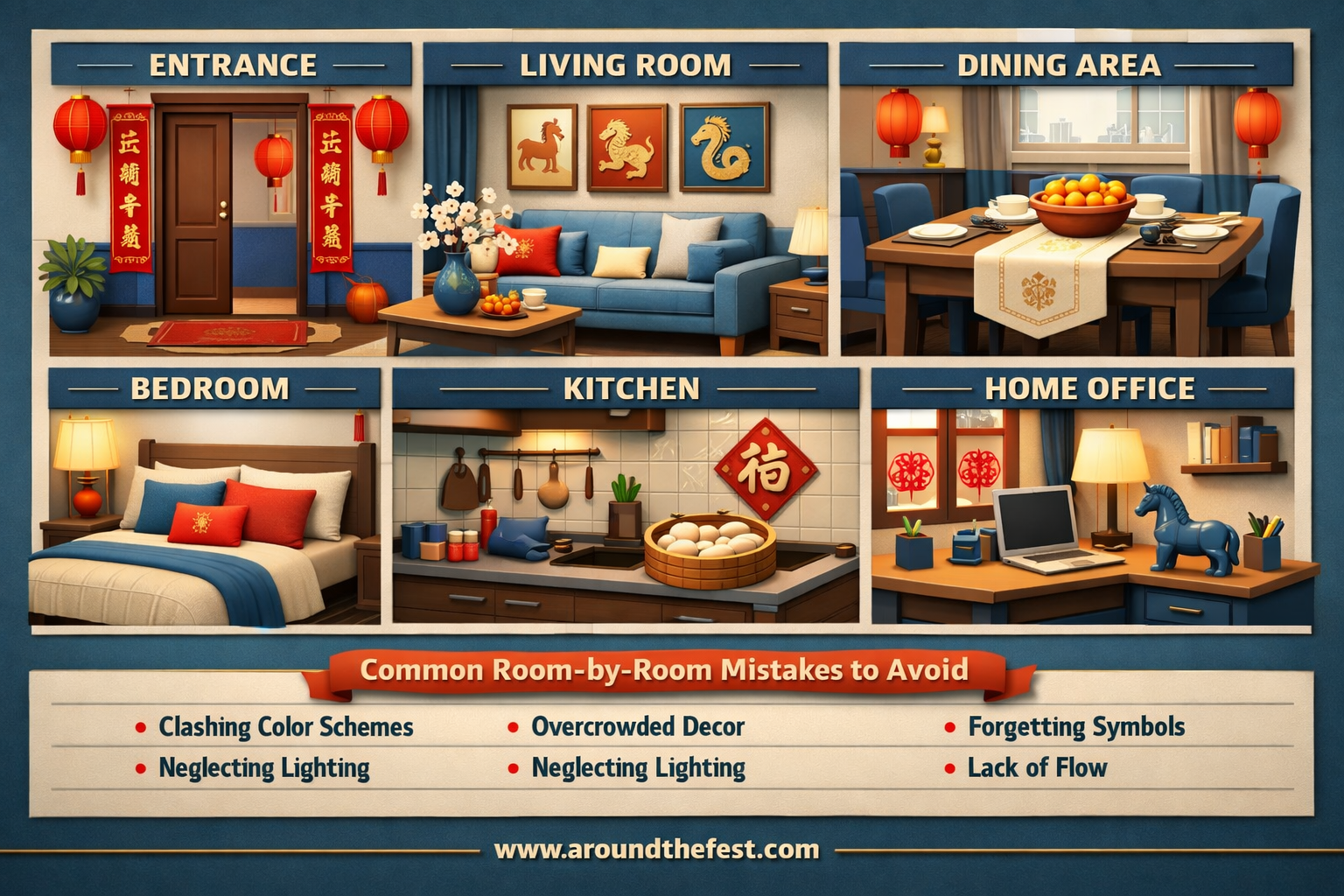 celebration scene with fire horse zodiac, red lantern decorations, glowing lights, and traditional lunar new year symbols