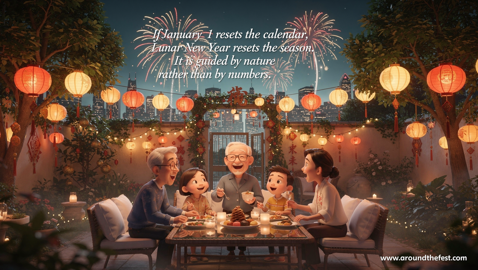 Lunar New Year 2026 family celebrating outdoors with red lanterns, gold decorations, and spring flowers, moonlit sky, global celebrations in New York, London, Sydney, and Singapore