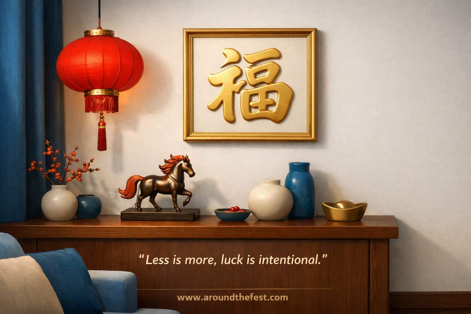 decorations featuring red lanterns, fire horse zodiac symbol, traditional lights, and festive lunar new year atmosphere