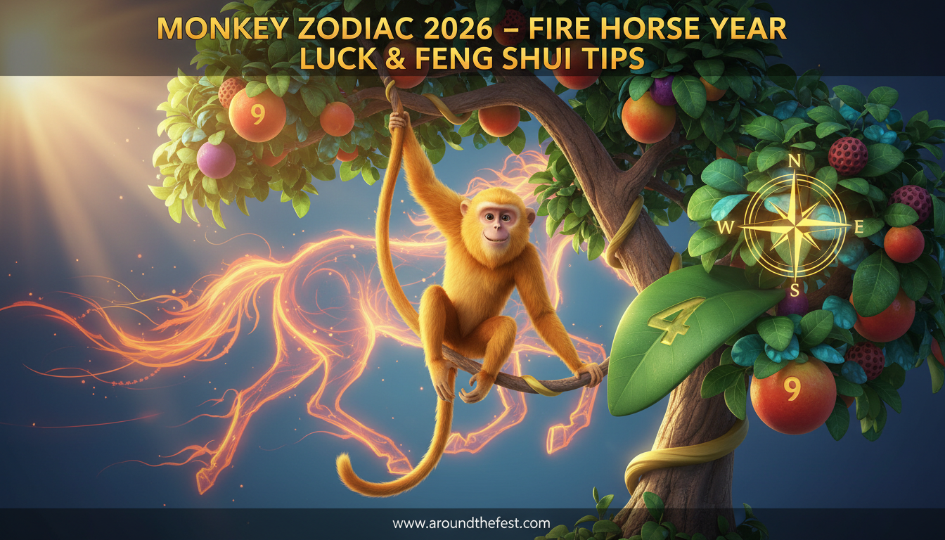 Monkey Zodiac 2026 illustration showing Fire Horse energy, lucky colors white and gold, numbers 4 and 9, West direction, and clutter-free Feng Shui desk