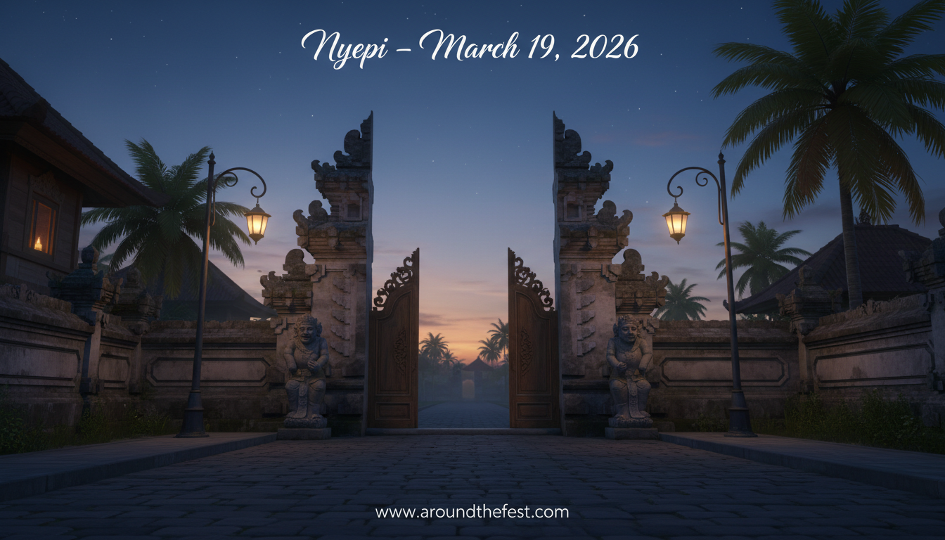 Nyepi 2026 Bali Day of Silence with deserted roads, minimal lights, and peaceful night atmosphere