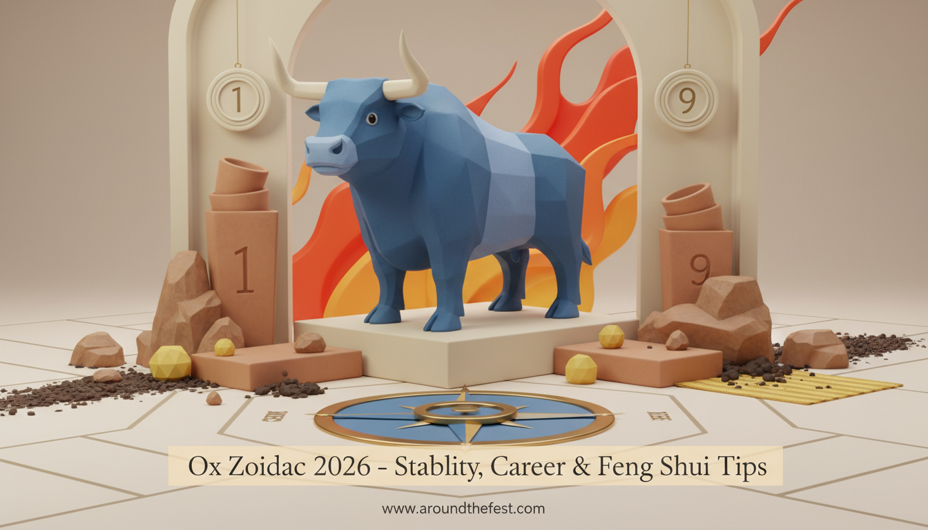 Ox Zodiac 2026 illustration showing Fire Horse influence, lucky colors yellow and brown, numbers 1 and 9, Center direction, and Earth Feng Shui elements