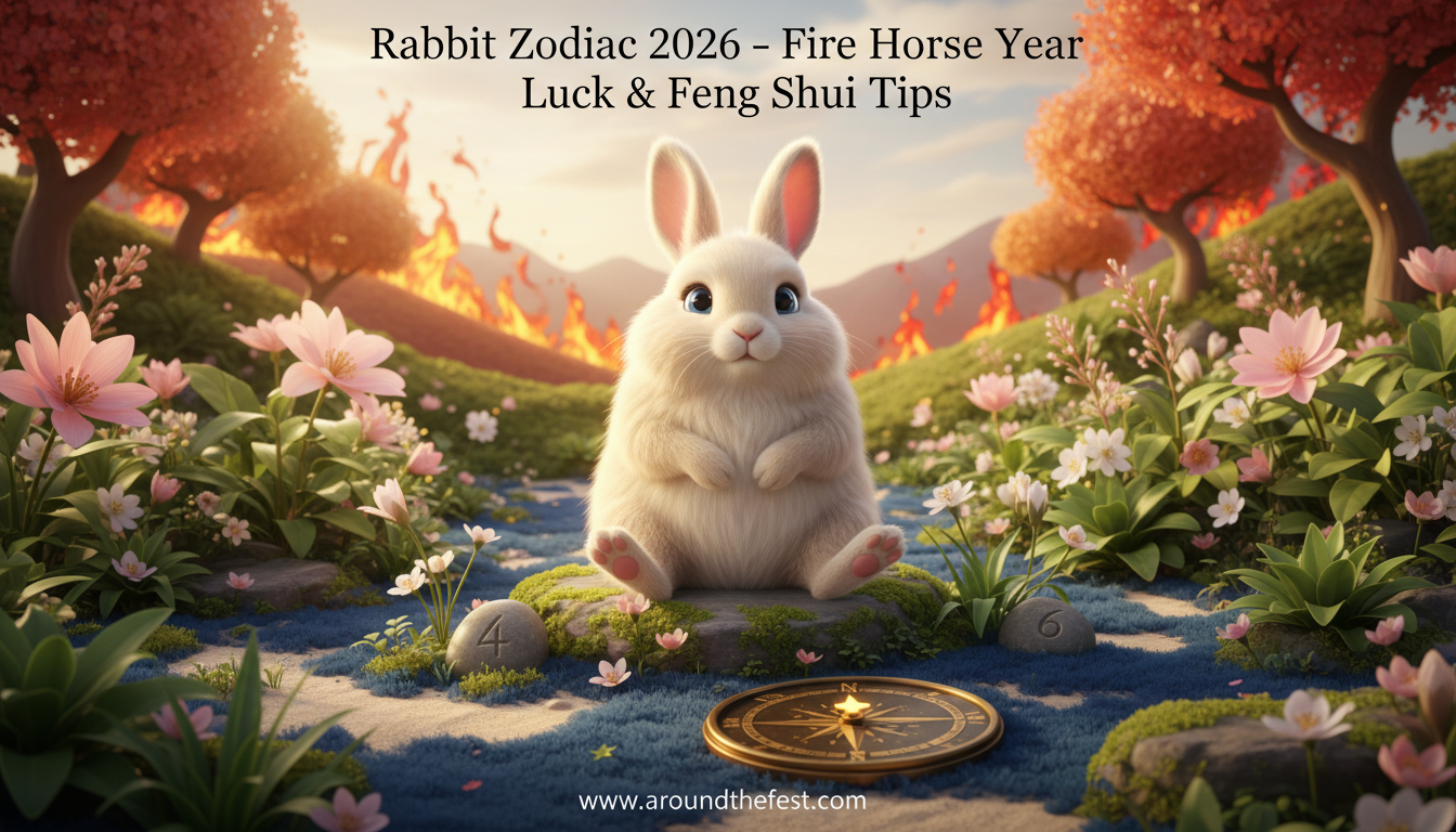 Rabbit Zodiac 2026 illustration showing Fire Horse influence, lucky colors green and pastel pink, numbers 4 and 6, East direction, and Feng Shui plants