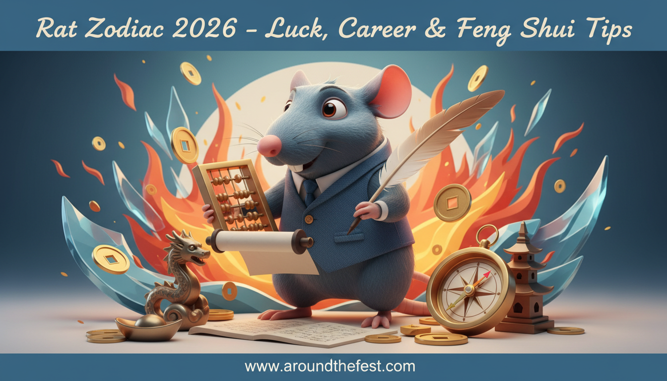 Rat Zodiac 2026 illustration showing Fire Horse influence, lucky colors blue and gold, numbers 2 and 8, Northeast direction, and Feng Shui tips