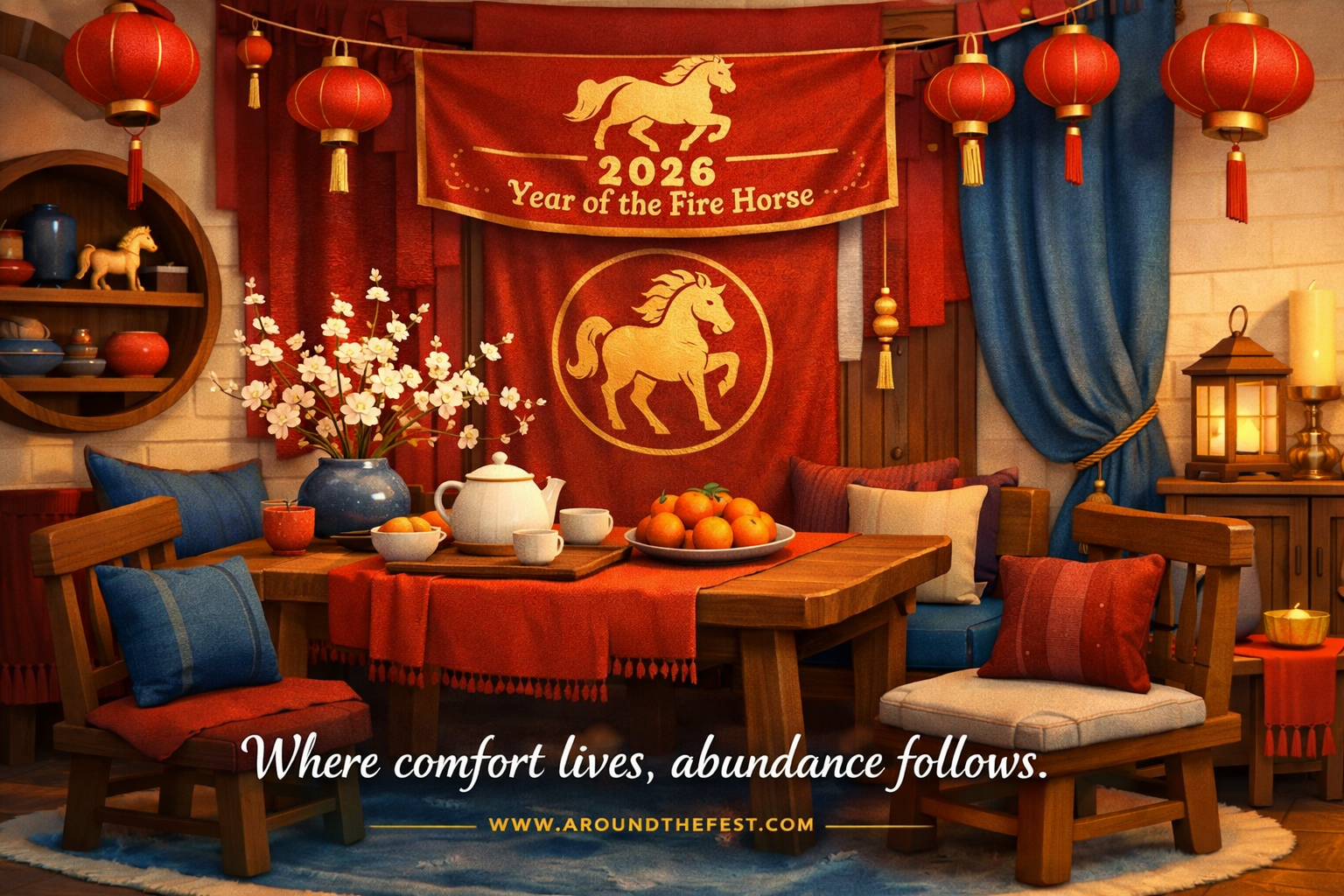 Red fabric textiles used in decorations to symbolize warmth and abundance