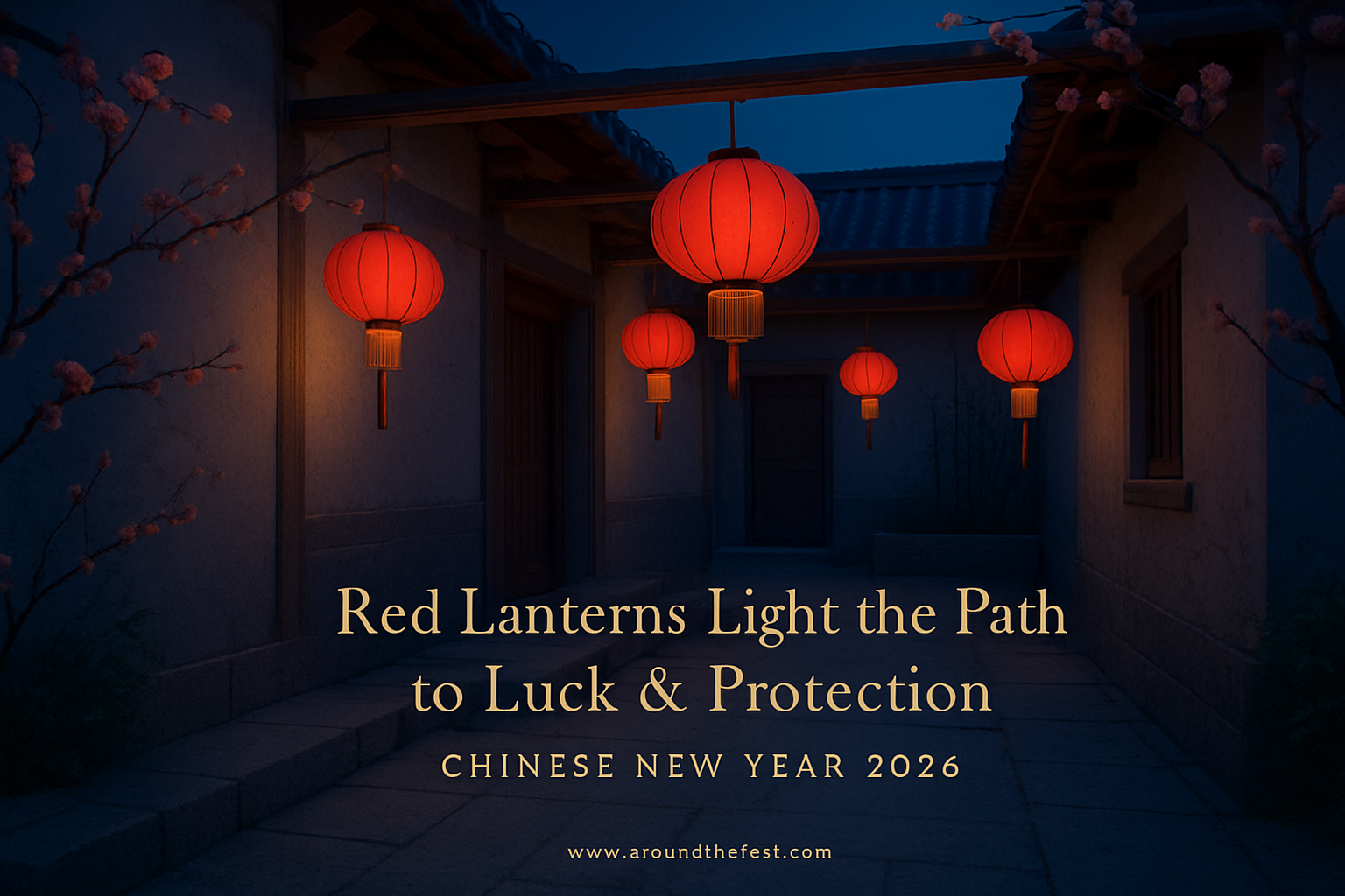  red lantern decorations glowing in a minimalist courtyard, symbolizing luck, protection, and guidance, with cultural decor and warm lighting
