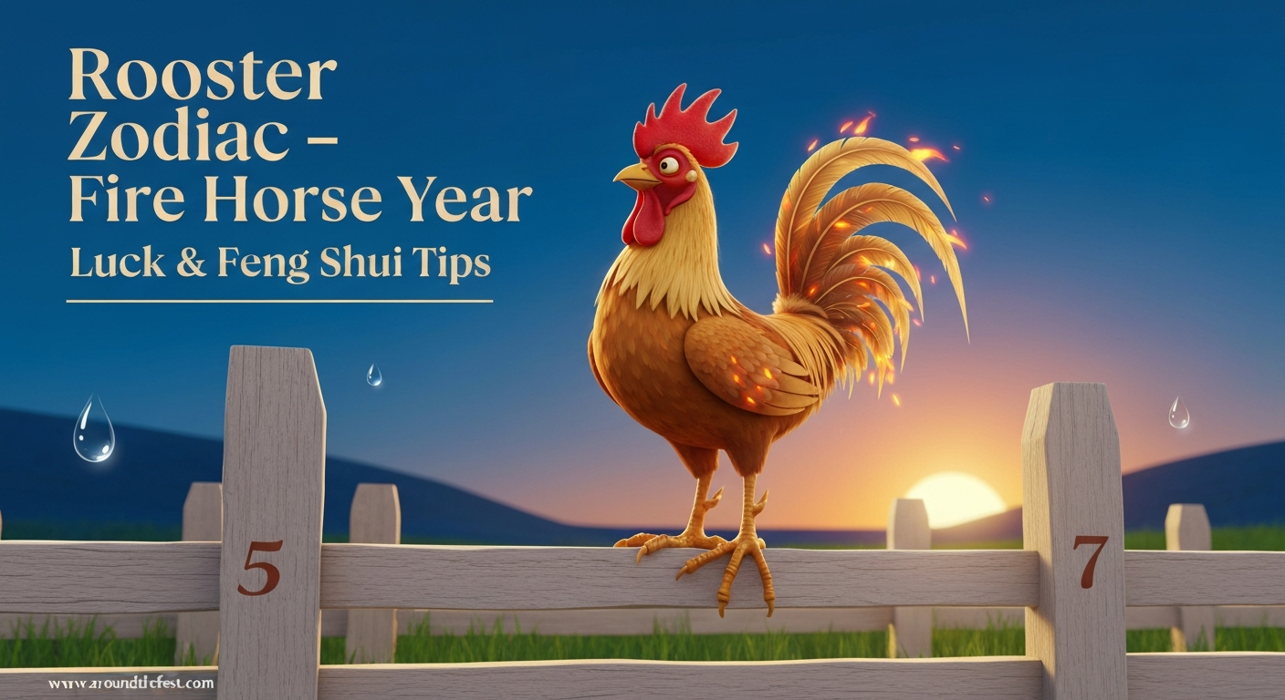 Rooster Zodiac 2026 illustration with Fire Horse energy, lucky colors gold and brown, numbers 5 and 7, West direction, and balanced Feng Shui metal elements