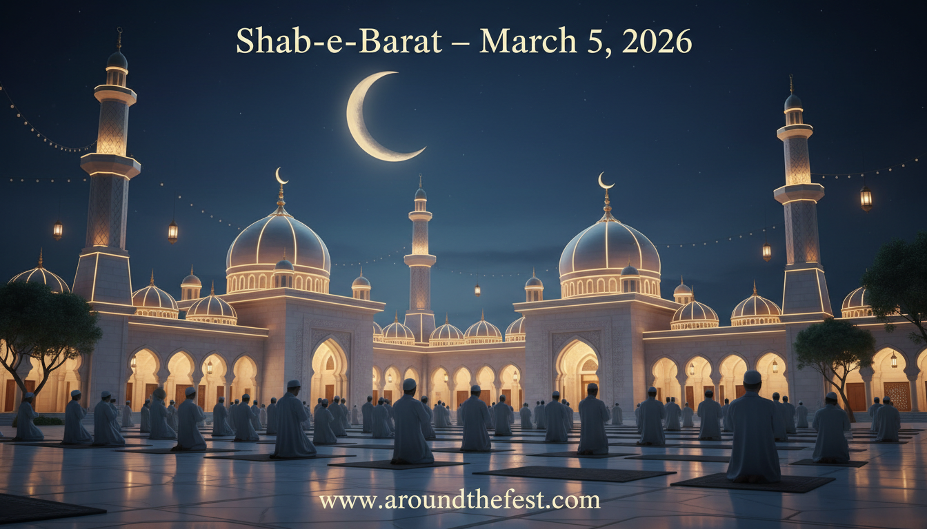 Shab-e-Barat 2026 observance with lit mosque courtyard and late-night prayer gathering in South Asia