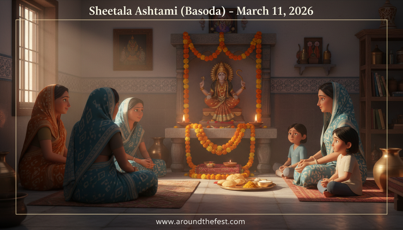 Sheetala Ashtami 2026 celebration with devotees praying and offering cold puri and halwa at home altar