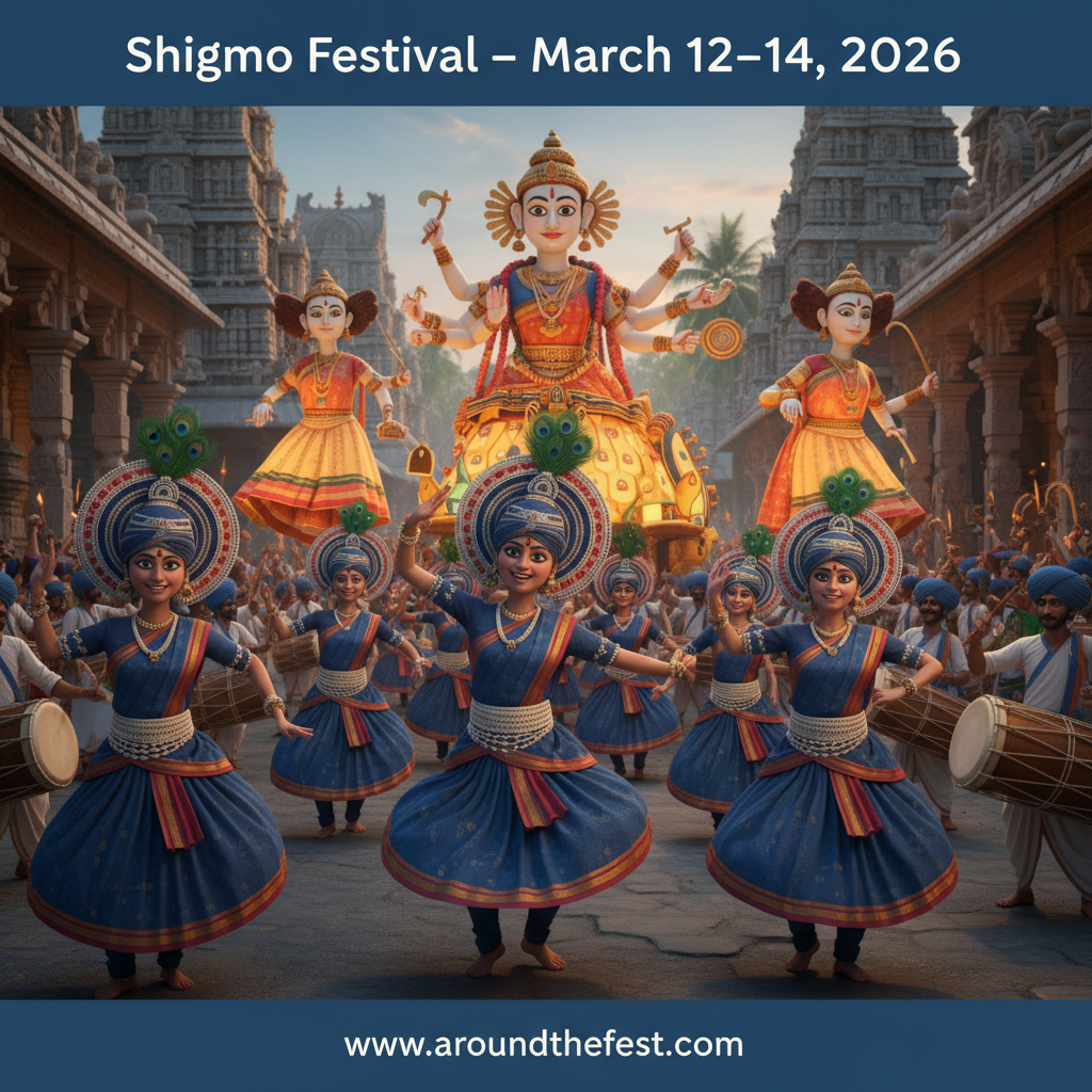 Shigmo 2026 celebration in Goa featuring vibrant street processions, folk performances, and temple rituals